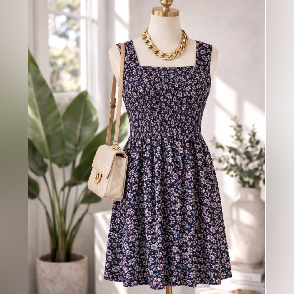 FLATTERING!! Floral Square-Neck Navy Sundress - Picture 2 of 3